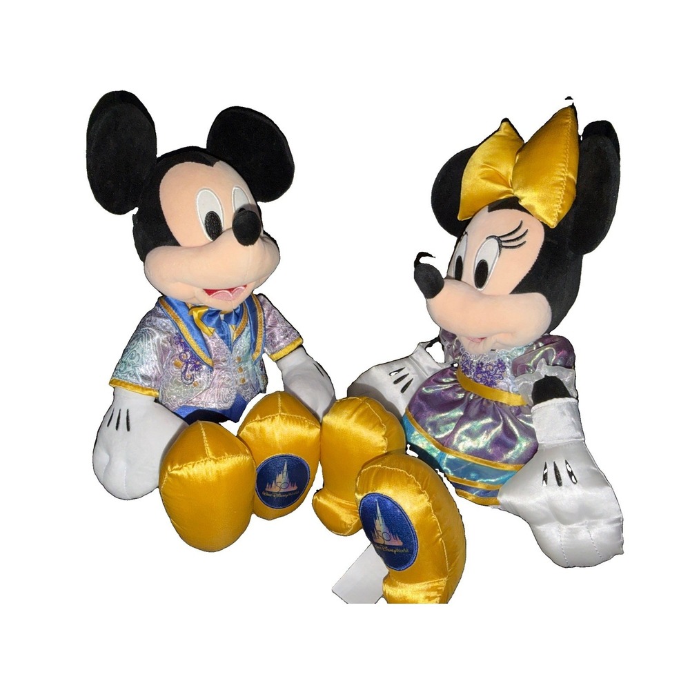 Walt Disney World 50th Celebration Mickey Minnie Mouse Plush Doll Set of 2 New